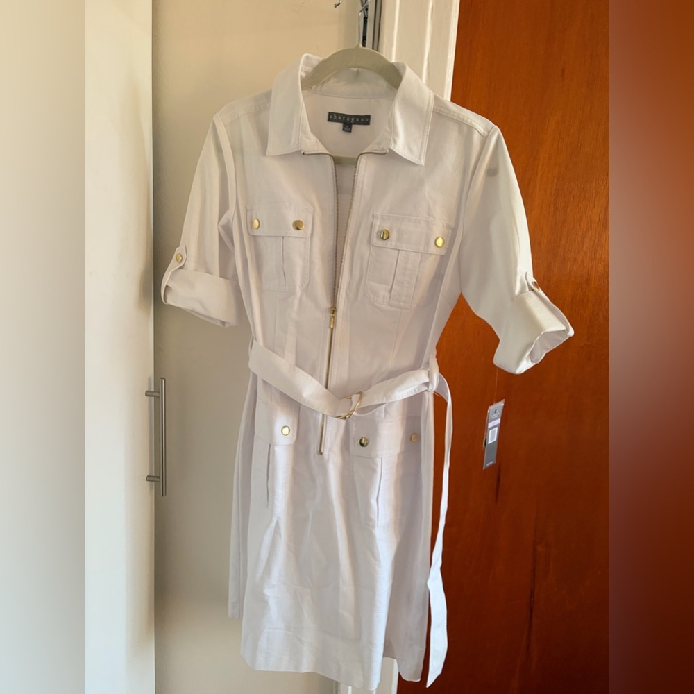 NWT Sharagano size 8 white belted, collar sundress